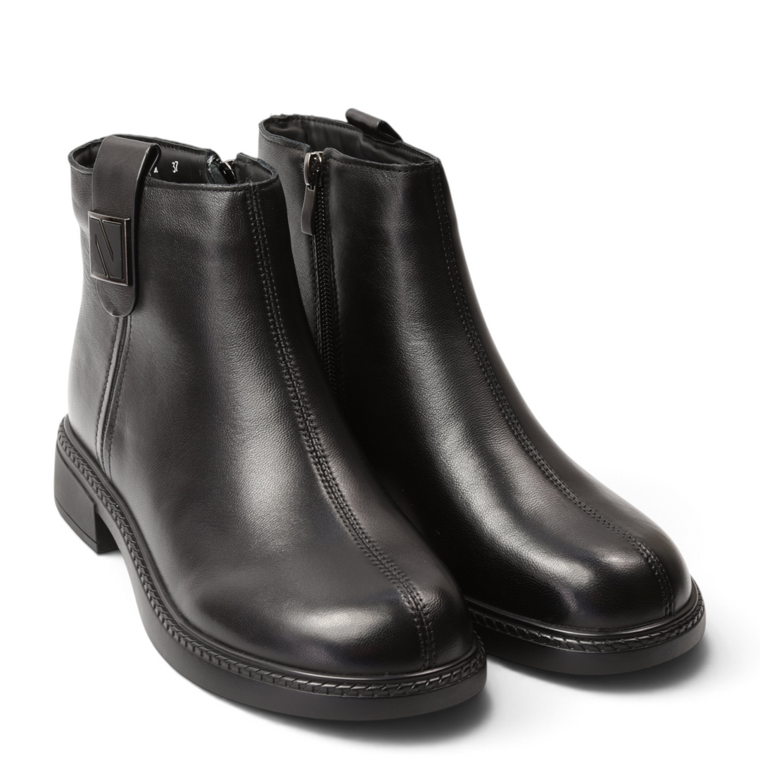 ada-shoes.ro black leather ankle boots with side zipper and decorative metallic detail on a white background