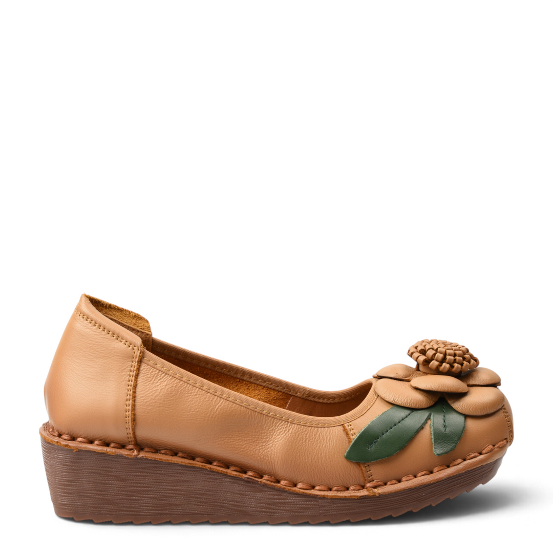 ada-shoes.ro camel leather wedge shoes with a 3D floral accent and green leaf detail on a white background