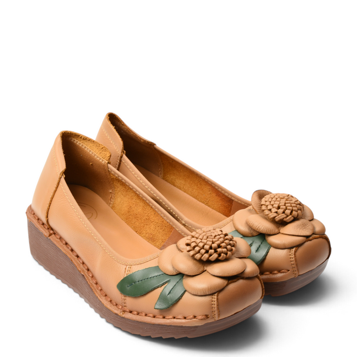 ada-shoes.ro camel leather casual wedge shoes with 3D floral leather embellishment and green leaves on the toe