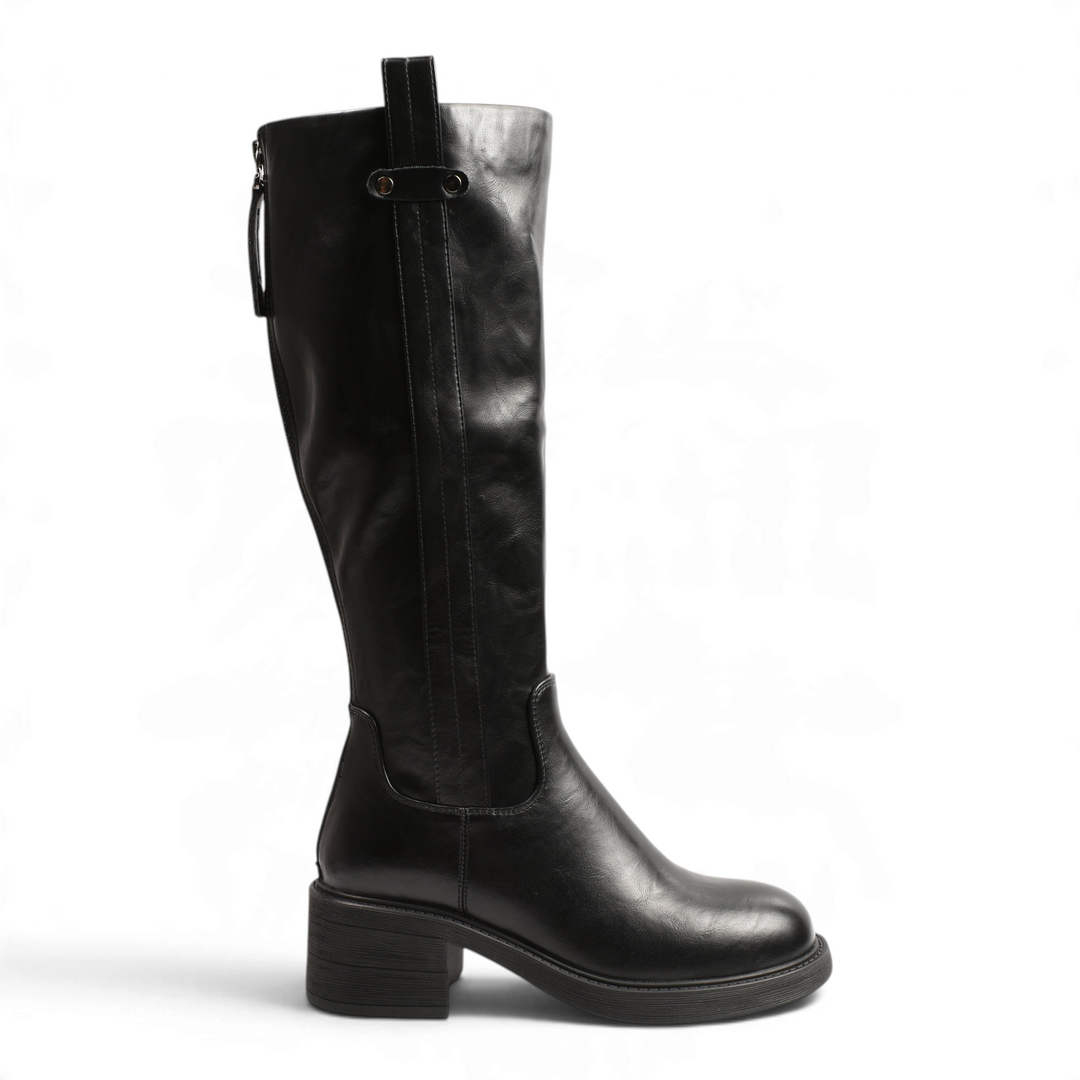 ada-shoes.ro black knee-high boots with stretch fit faux leather, block heel, and decorative metal stud detail