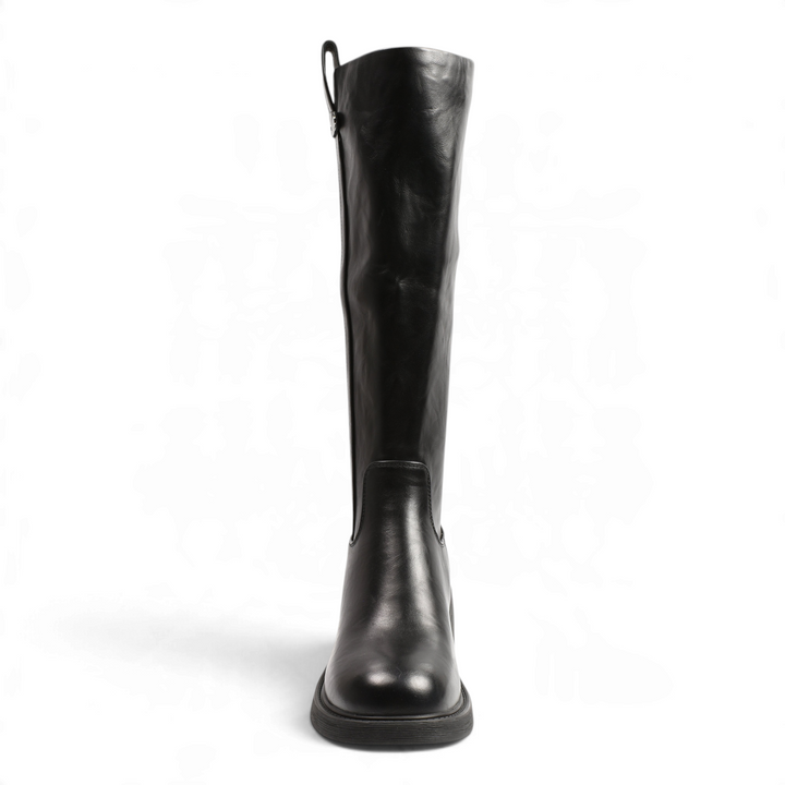 ada-shoes.ro black knee-high boots with stretch fit faux leather, block heel, and decorative side metal studs