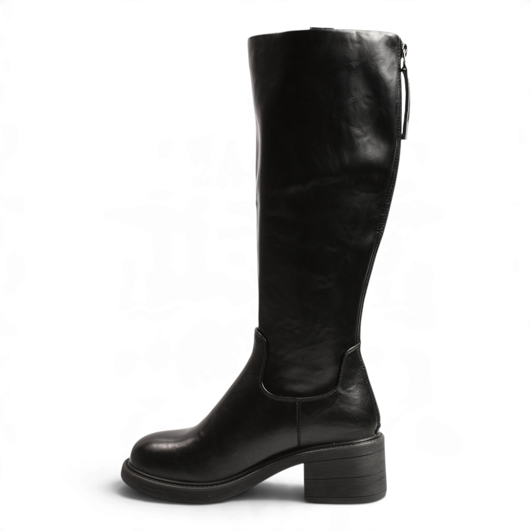 ada-shoes.ro black high-leg boots with stretch fit faux leather, block heel, and decorative metal stud detail