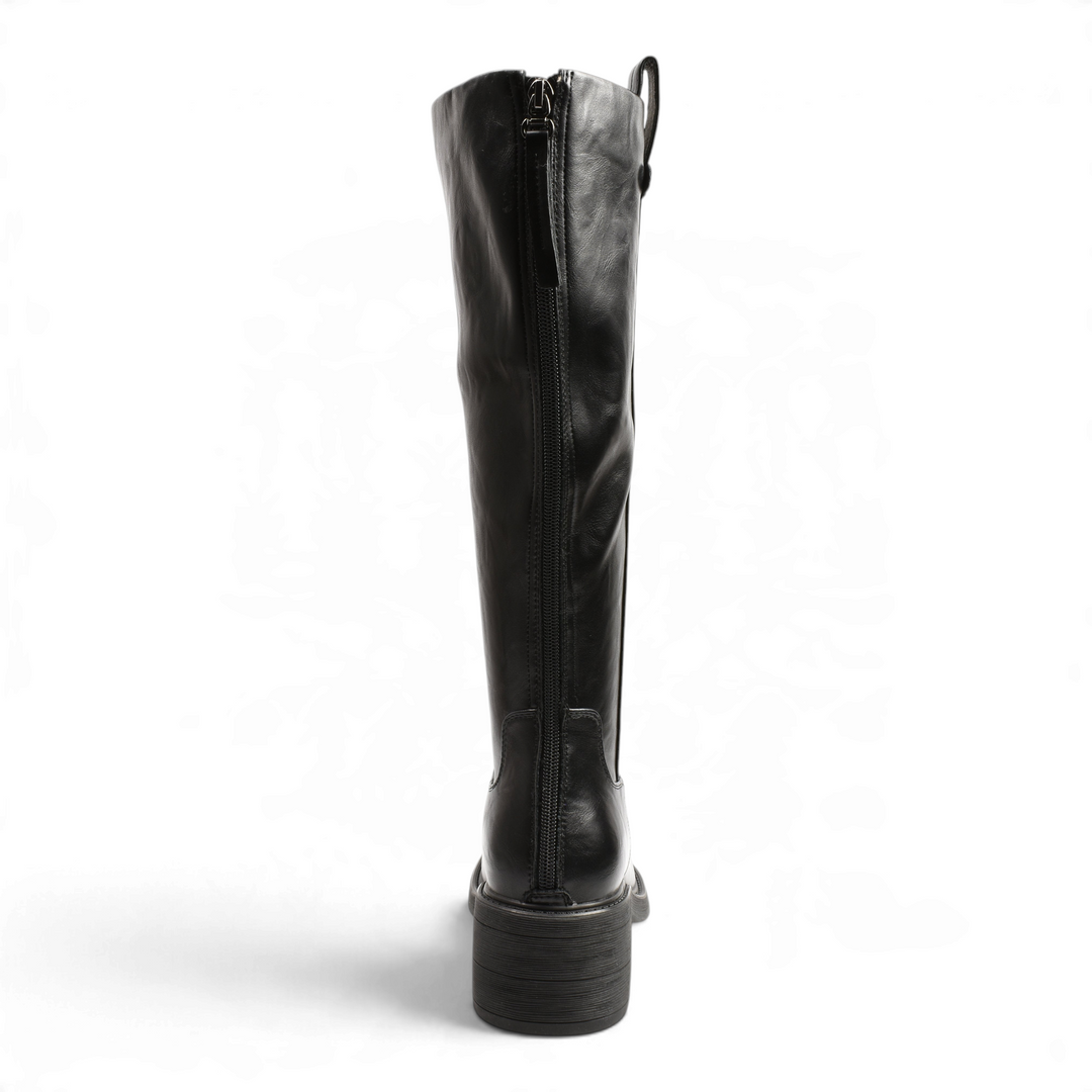 Back view of black faux leather Pass Collection tall boots with a vertical zipper and block heel.