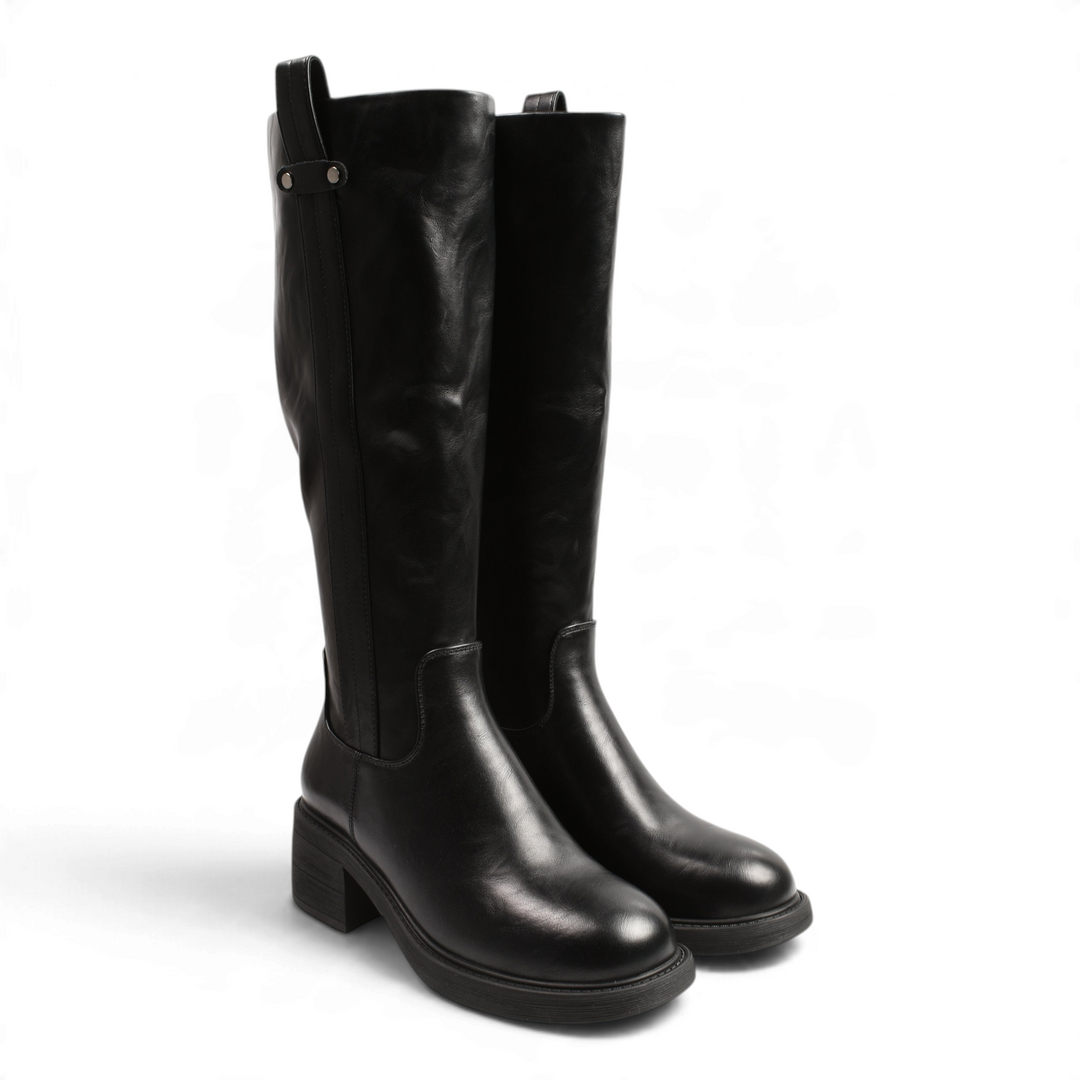 ada-shoes.ro Pass Collection black stretch fit high boots with block heel and decorative metal stud detail
