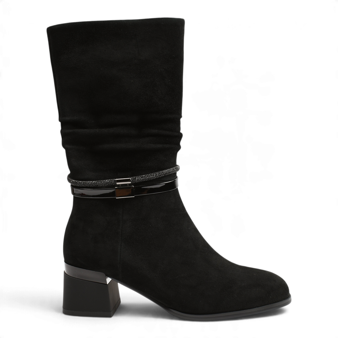 ada-shoes.ro Epica black suede slouchy boots with block heel and decorative ankle strap