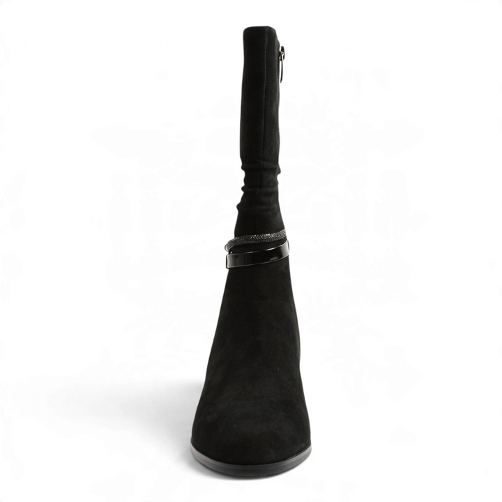 ada-shoes.ro Epica black suede slouchy boots with decorative ankle straps and block heel, front view.