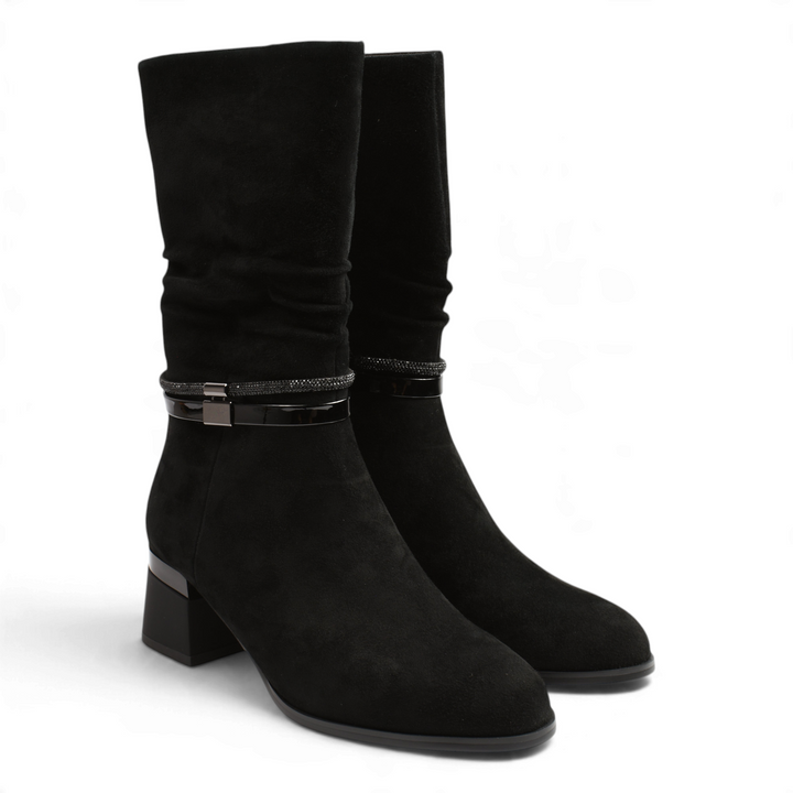 ada-shoes.ro Epica black suede slouchy boots with block heel and decorative ankle strap