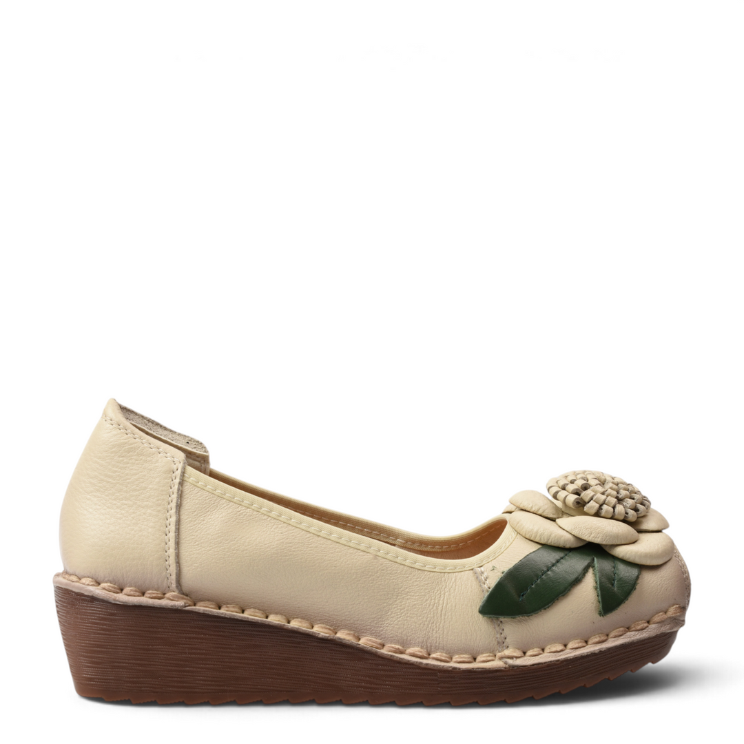ada-shoes.ro cream leather wedge shoes with 3D floral accent and green leaves on a white background
