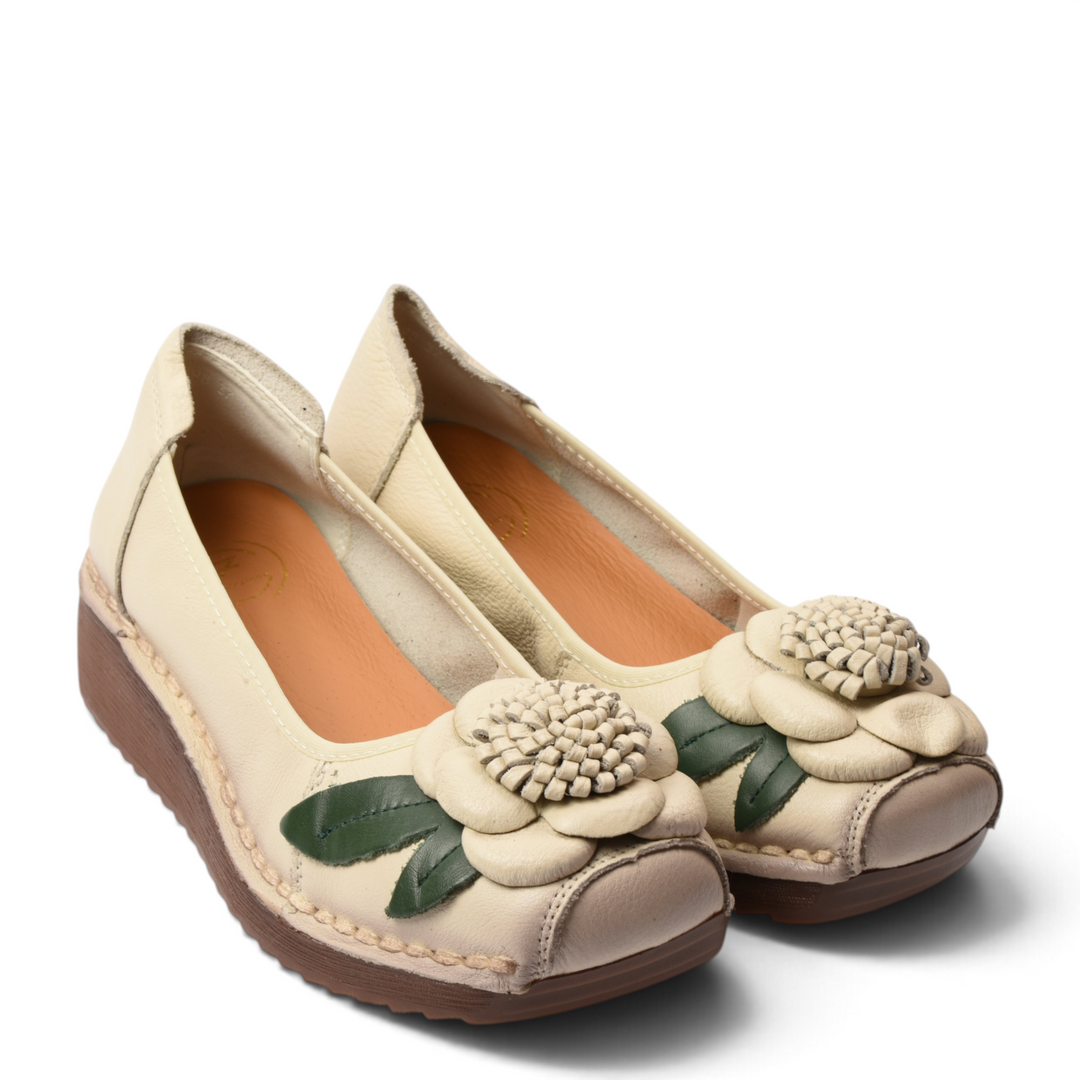 ada-shoes.ro cream leather casual wedge shoes with 3D floral applique and green leaf details on the rounded toe.