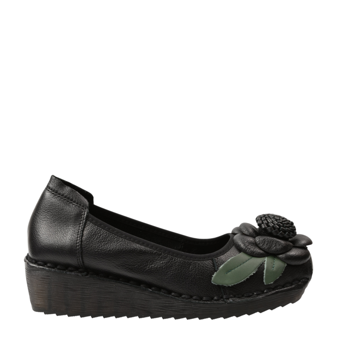 ada-shoes.ro Formazione black leather wedge shoes with a 3D floral accent and green leaf detail on the rounded toe.