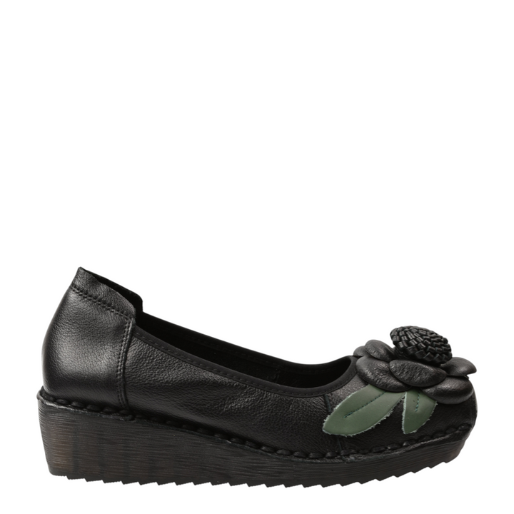 ada-shoes.ro Formazione black leather wedge shoes with a 3D floral accent and green leaf detail on the rounded toe.