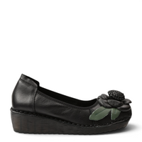 ada-shoes.ro Formazione black leather wedge shoes with a 3D floral accent and green leaf detail on the rounded toe.