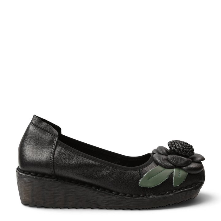 ada-shoes.ro Formazione black leather wedge shoes with a 3D floral accent and green leaf detail on the rounded toe.
