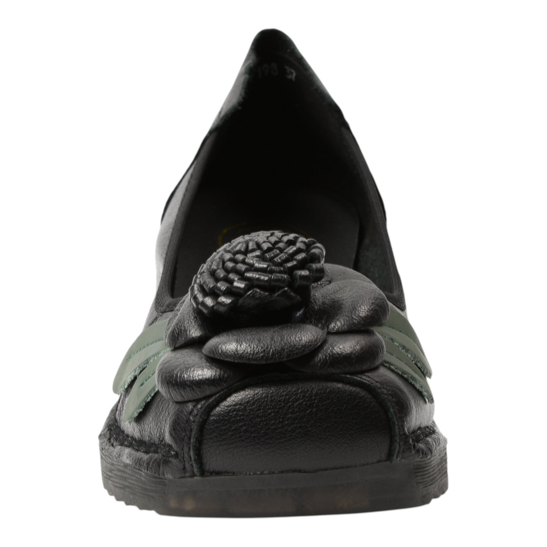 ada-shoes.ro Formazione black leather casual shoes with a 3D handmade floral accent and green leaf details on the toe