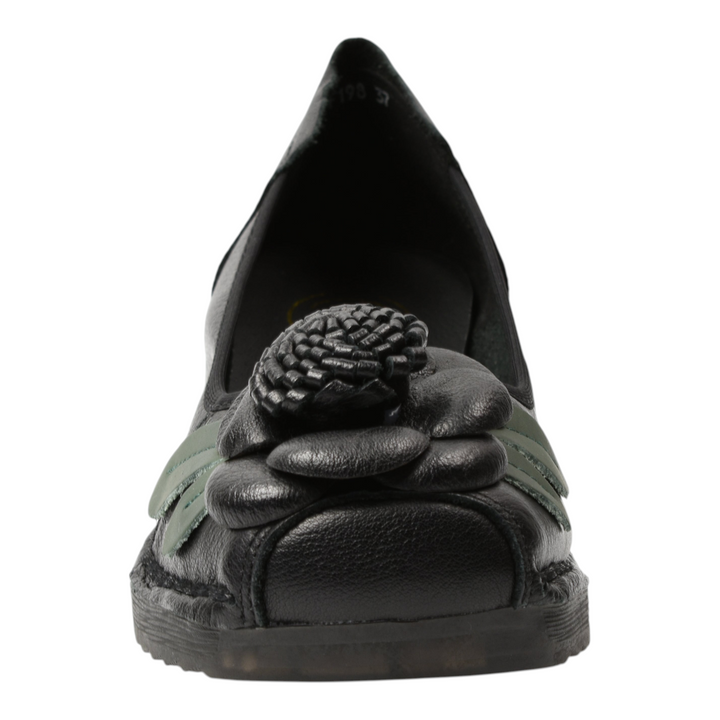 ada-shoes.ro Formazione black leather casual shoes with a 3D handmade floral accent and green leaf details on the toe
