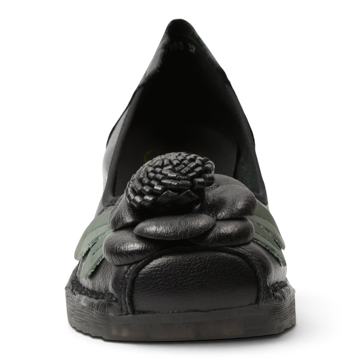 ada-shoes.ro Formazione black leather casual shoes with a 3D handmade floral accent and green leaf details on the toe