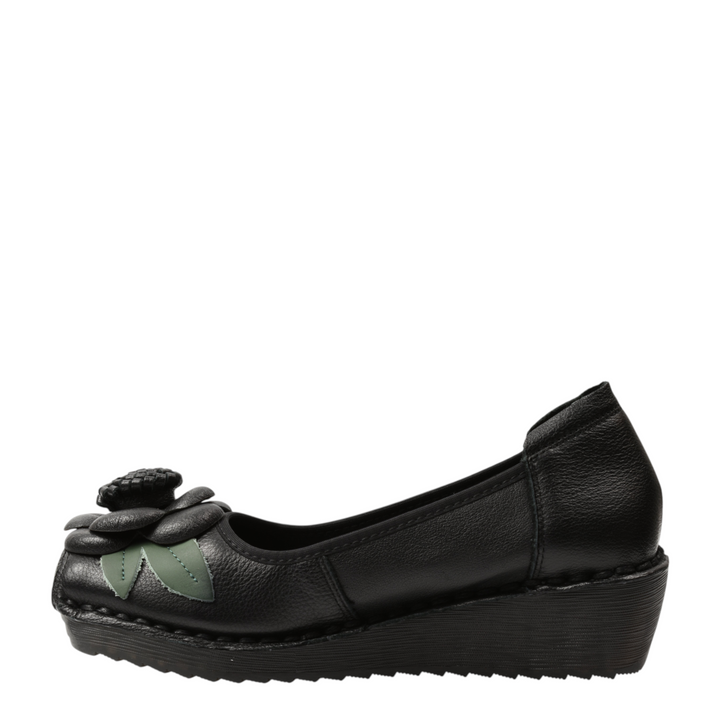ada-shoes.ro black leather wedge casual shoes with a 3D handmade floral accent and green leaf detail on the toe