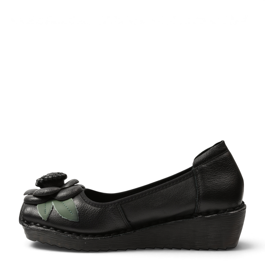 ada-shoes.ro black leather wedge casual shoes with a 3D handmade floral accent and green leaf detail on the toe