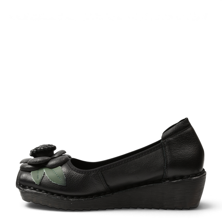 ada-shoes.ro black leather wedge casual shoes with a 3D handmade floral accent and green leaf detail on the toe