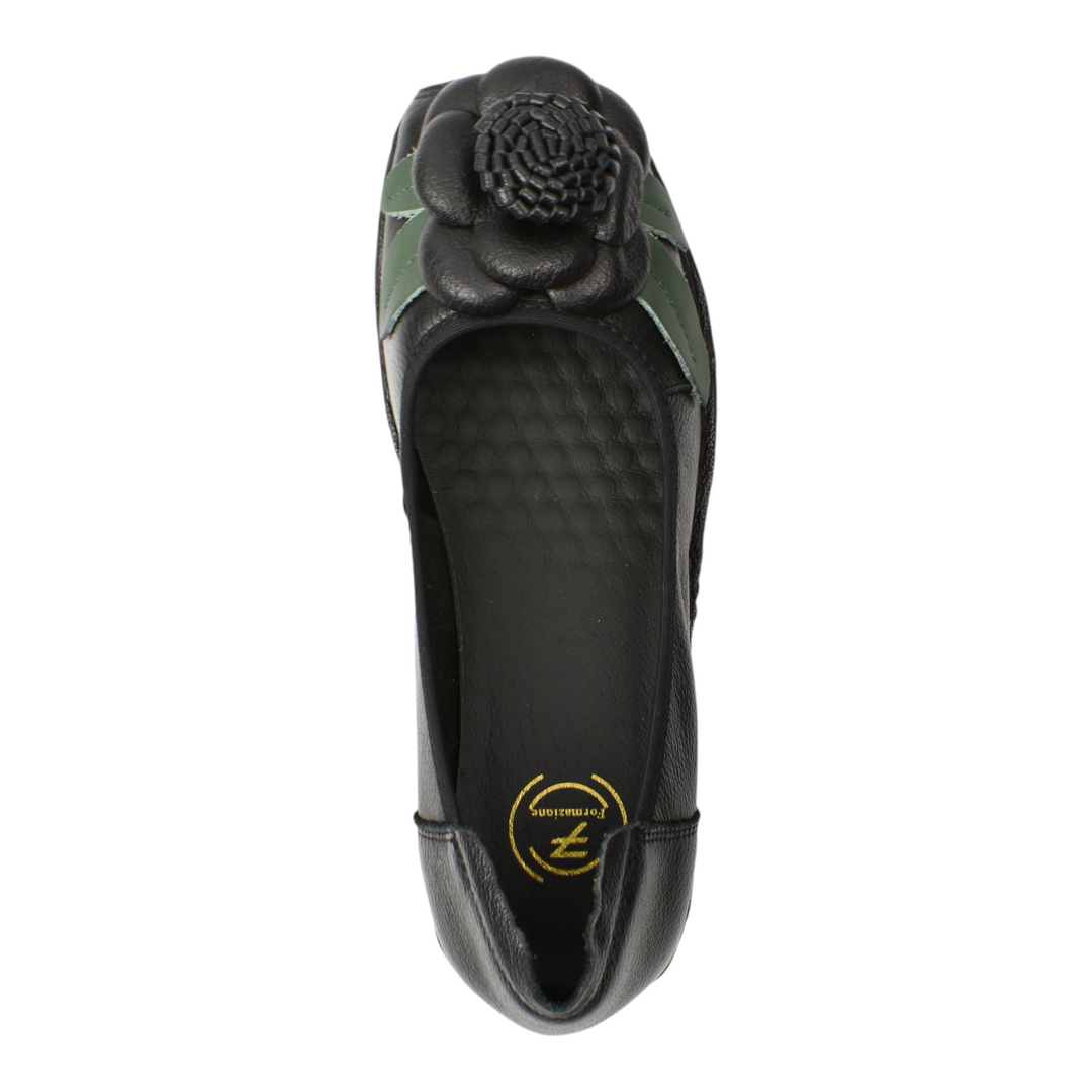 ada-shoes.ro Formazione black leather casual shoes with 3D floral accent and orthopedic wedge sole, top view