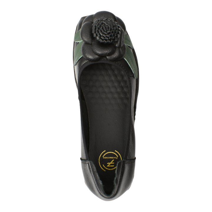 ada-shoes.ro Formazione black leather casual shoes with 3D floral accent and orthopedic wedge sole, top view