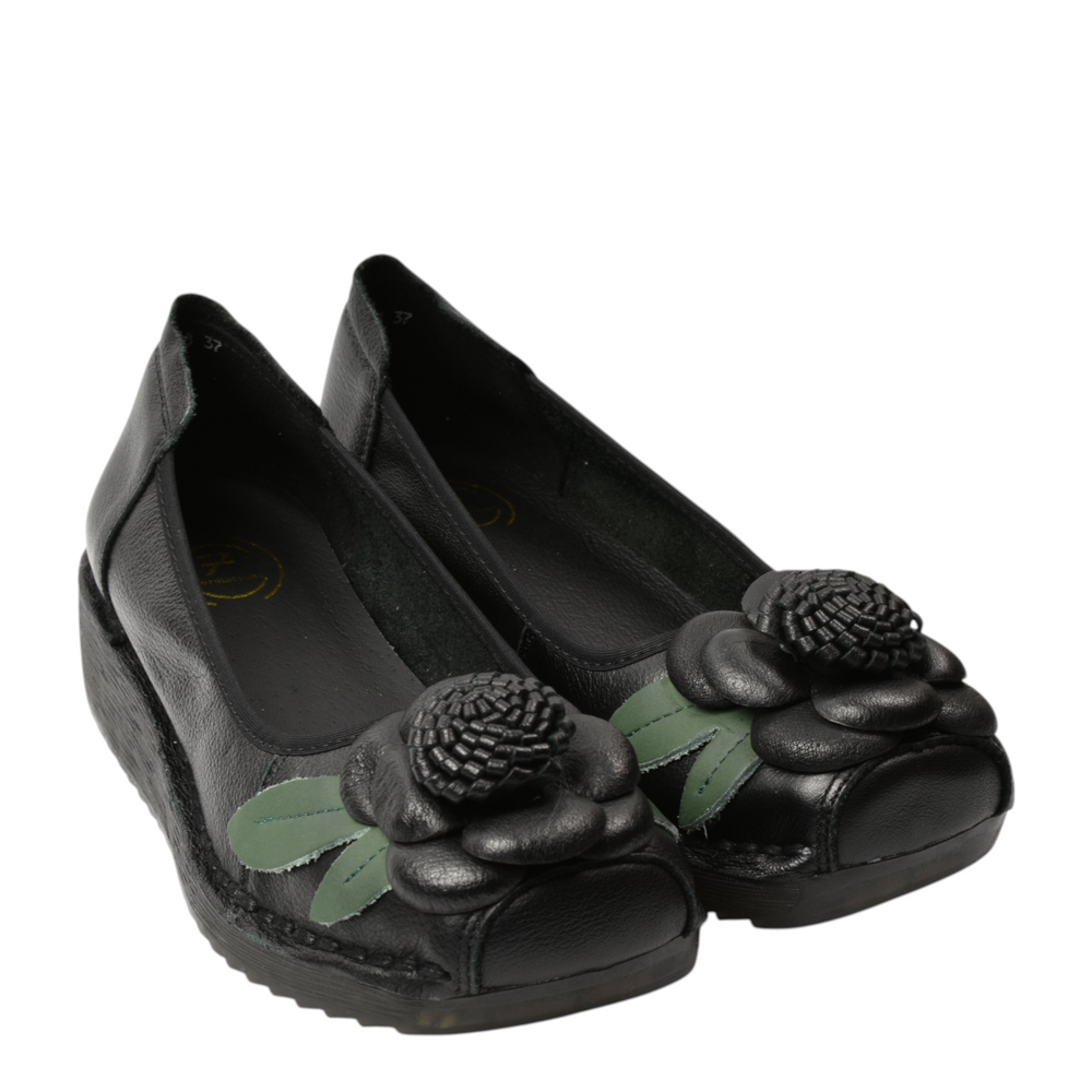 ada-shoes.ro Formazione black leather wedge shoes with 3D floral detail and green leaves on a white background