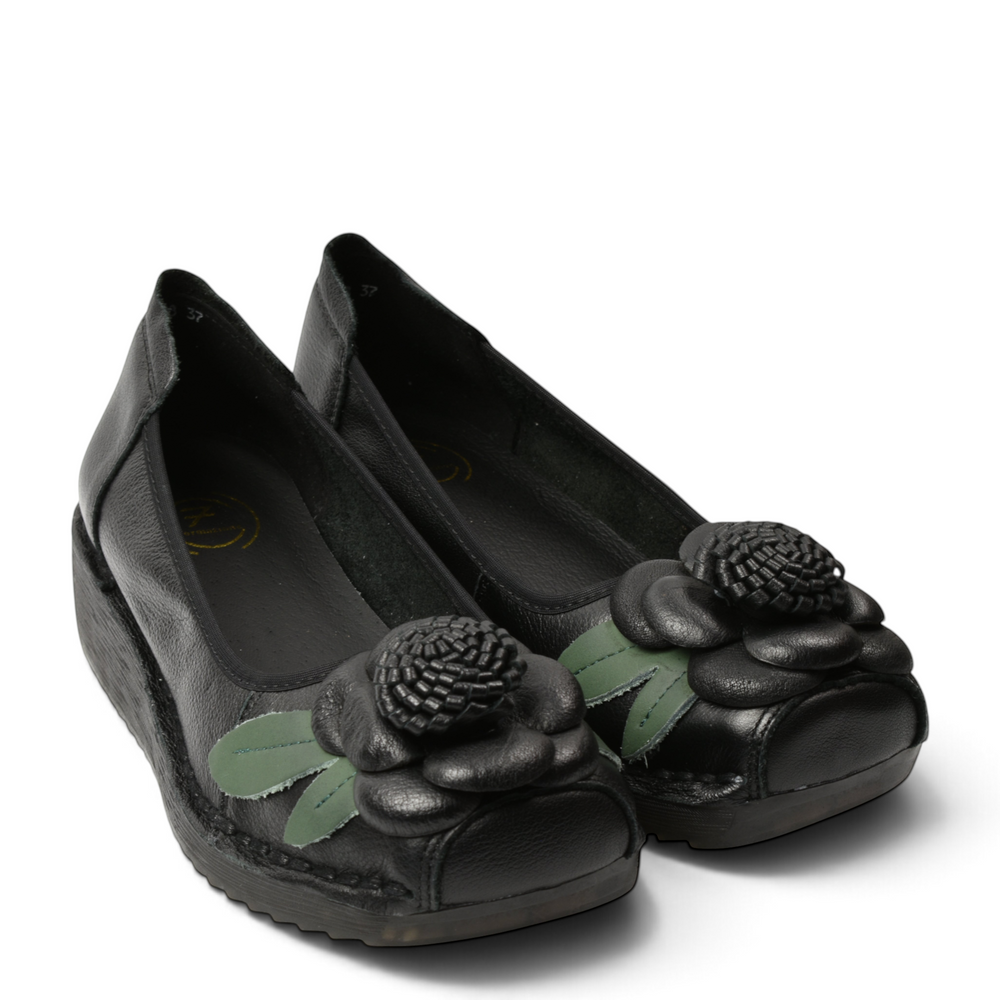 ada-shoes.ro Formazione black leather wedge shoes with 3D floral detail and green leaves on a white background