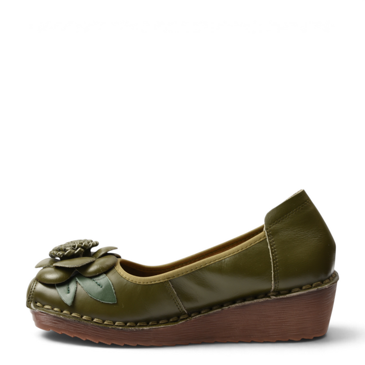 ada-shoes.ro olive green leather wedge casual shoes with a 3D floral leather detail on the rounded toe