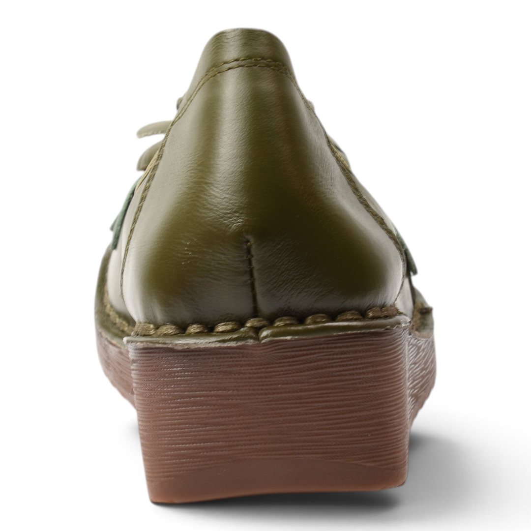 ada-shoes.ro Formazione F198-V olive green leather casual wedge shoes, back view showing textured sole and stitching.