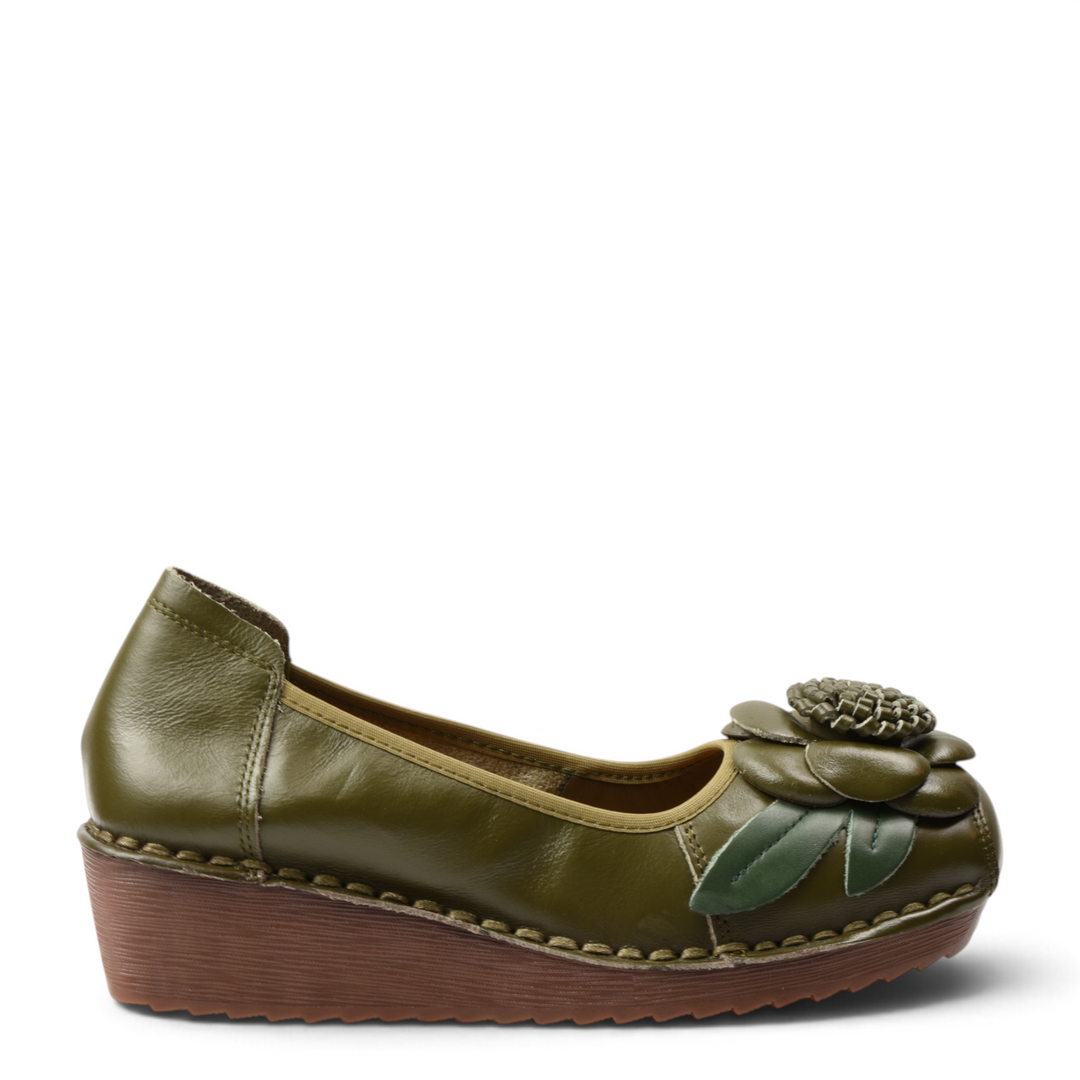 ada-shoes.ro olive green leather casual wedge shoes with 3D floral detail on the rounded toe and stitched sole