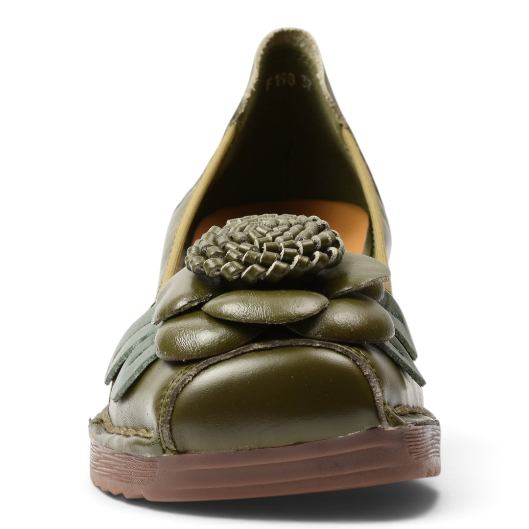 ada-shoes.ro olive green leather casual shoes with 3D floral detail on the rounded toe and orthopedic wedge sole