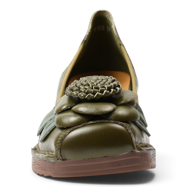 ada-shoes.ro olive green leather casual shoes with 3D floral detail on the rounded toe and orthopedic wedge sole