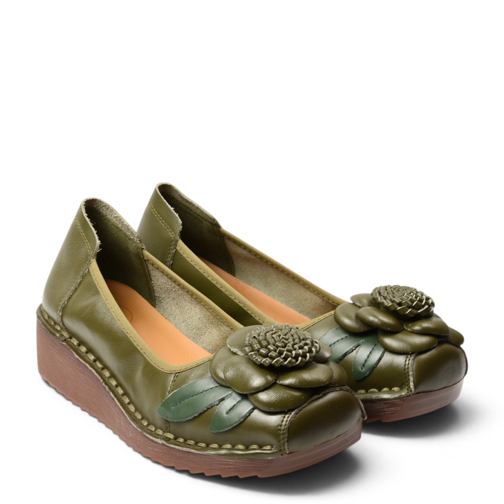 ada-shoes.ro Formazione olive green leather casual wedge shoes with 3D floral detail and comfortable orthopedic sole