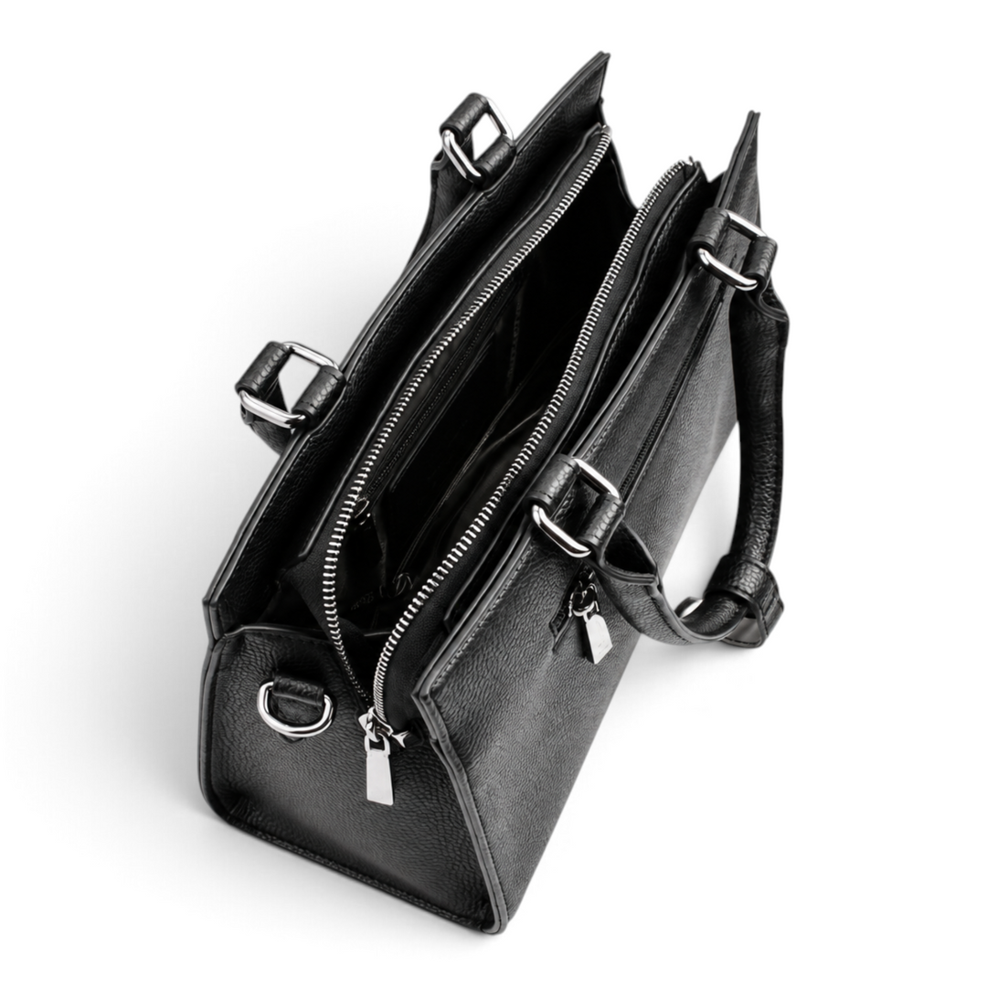 ada-shoes.ro Epica black leather handbag with top zipper, textured grain finish, and silver metal hardware details.