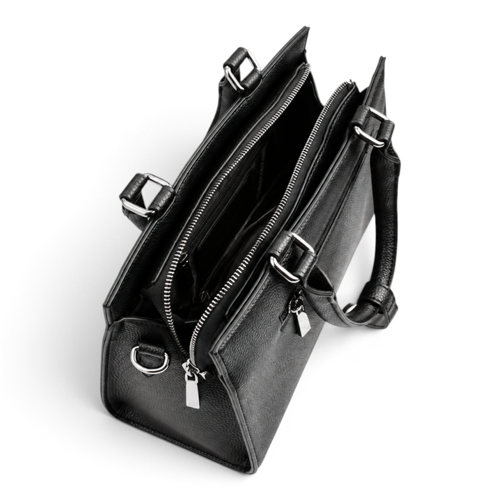 ada-shoes.ro Epica black leather handbag with top zipper, textured grain finish, and silver metal hardware details.