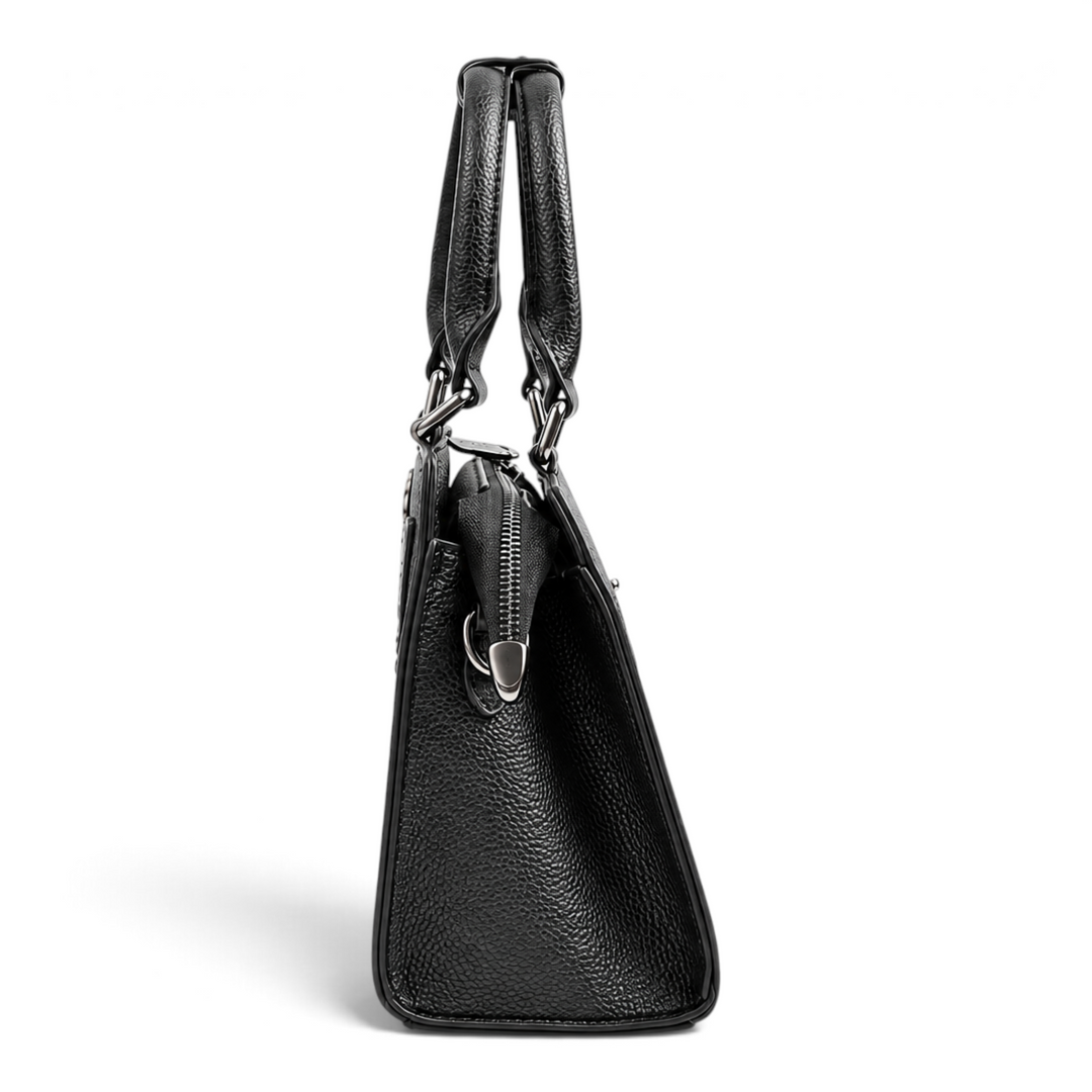 ada-shoes.ro Epica black leather handbag with side view, featuring grained texture and silver metal hardware.