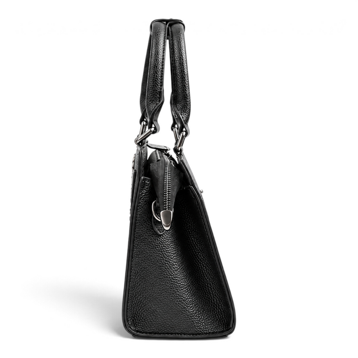 ada-shoes.ro Epica black leather handbag with side view, featuring grained texture and silver metal hardware.