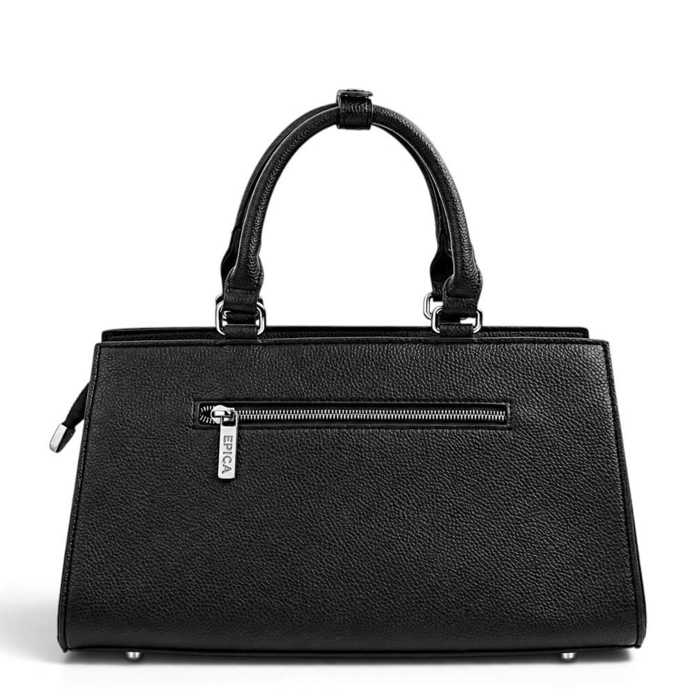ada-shoes.ro Epica black leather handbag with grained texture, silver metal zipper, and protective base studs.