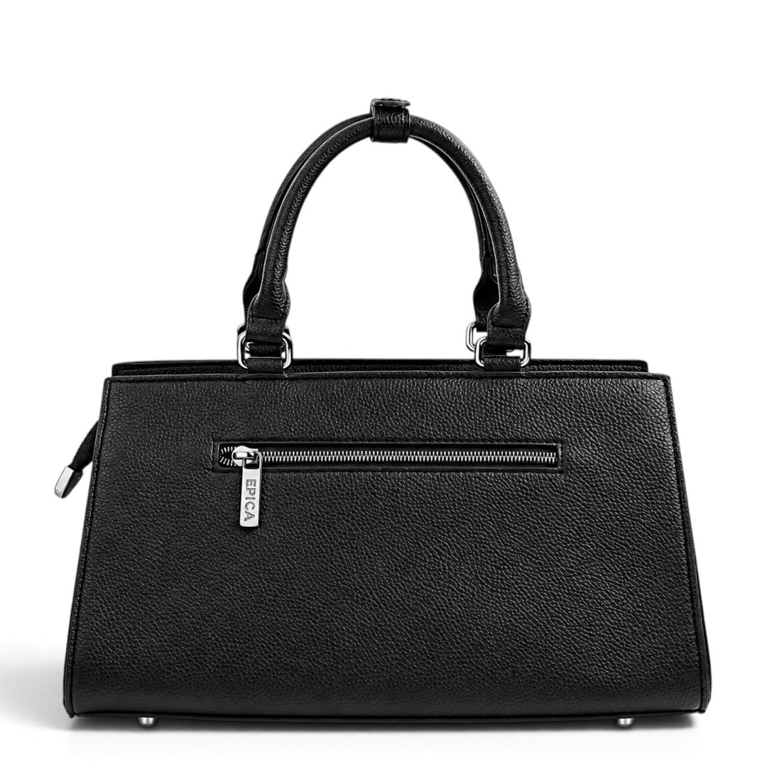 ada-shoes.ro Epica black leather handbag with grained texture, silver metal zipper, and protective base studs.
