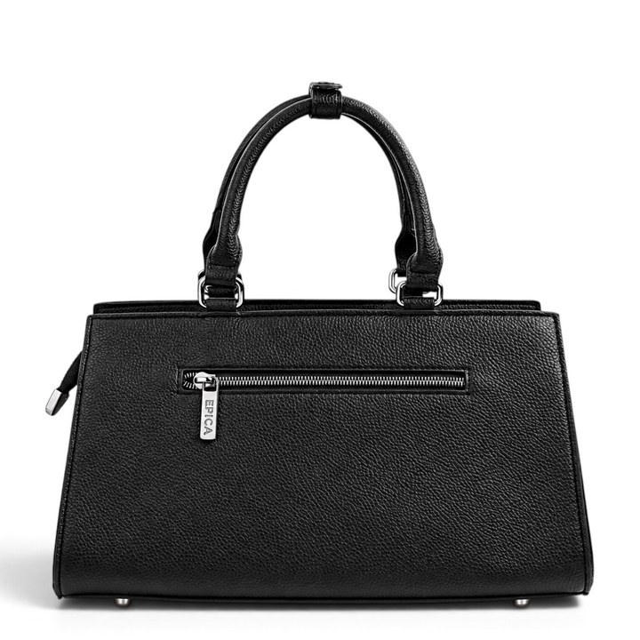 ada-shoes.ro Epica black leather handbag with grained texture, silver metal zipper, and protective base studs.