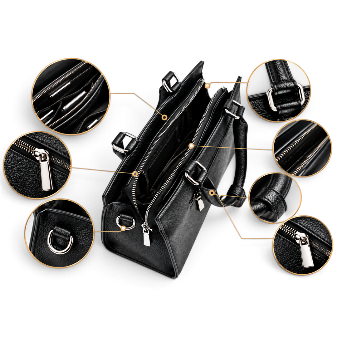 ada-shoes.ro Epica black leather handbag featuring textured grain, silver hardware, and detailed zipper compartments.