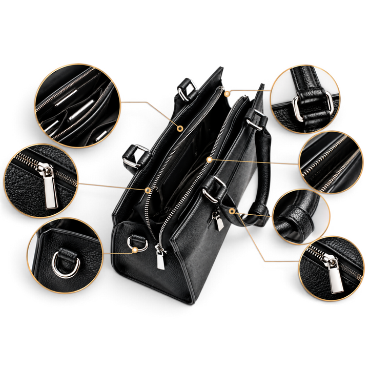 ada-shoes.ro Epica black leather handbag featuring textured grain, silver hardware, and detailed zipper compartments.
