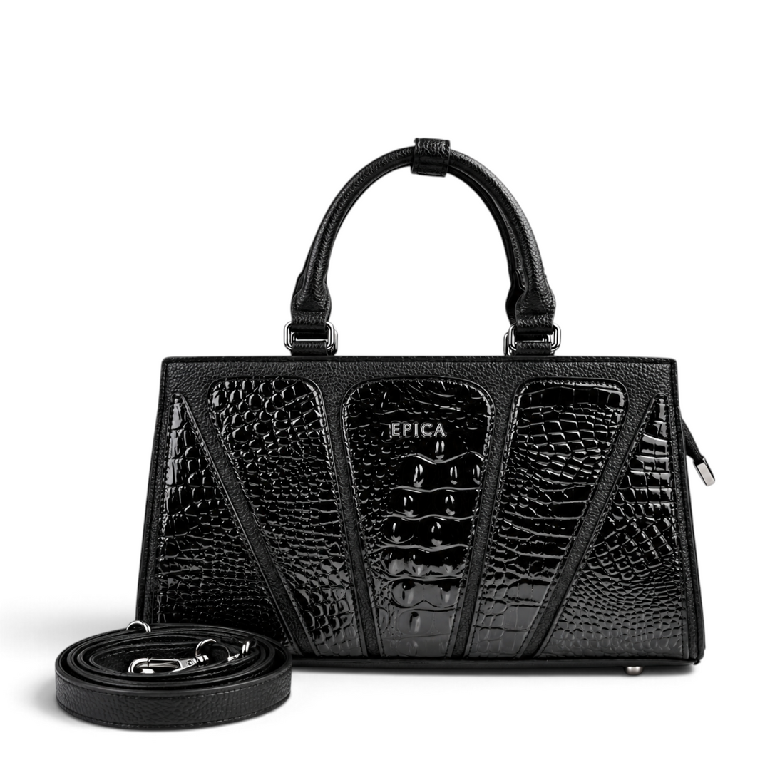 ada-shoes.ro Epica black leather handbag with matte and patent croc-embossed geometric panels and silver logo detail.