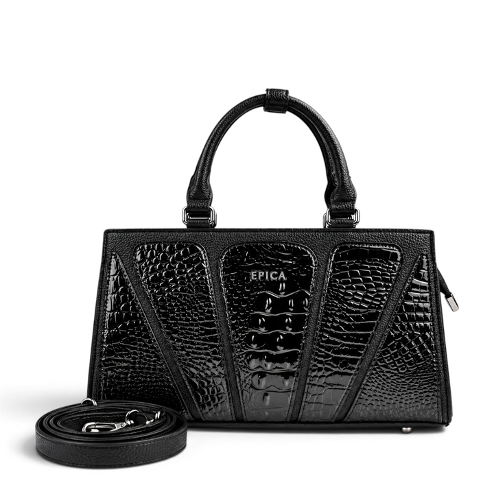 ada-shoes.ro Epica black leather handbag with matte and patent croc-embossed geometric panels and silver logo detail.