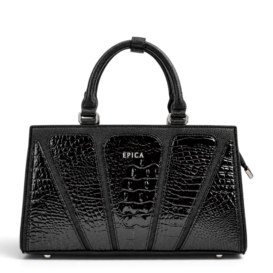 ada-shoes.ro Epica black leather handbag with matte grained texture and glossy croc-embossed geometric panels.