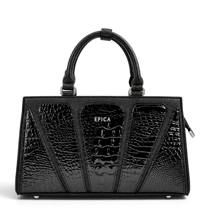 ada-shoes.ro Epica black leather handbag with matte grained texture and glossy croc-embossed geometric panels.