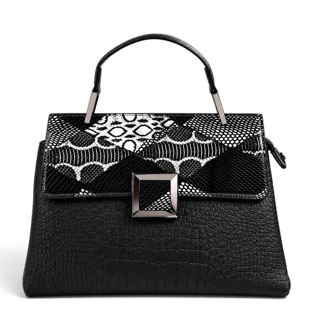 ada-shoes.ro Epica black leather handbag with snake print flap, square metal buckle, and top handle.
