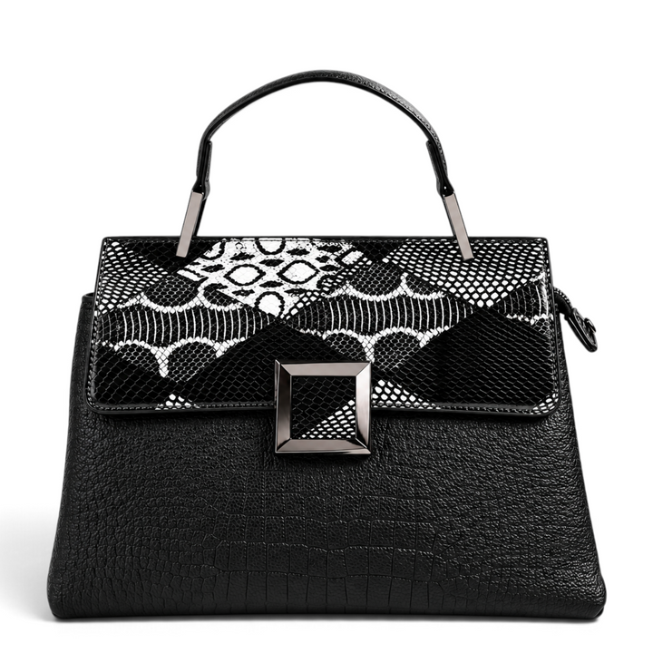 ada-shoes.ro Epica black leather handbag with snake print flap, square metal buckle, and top handle.