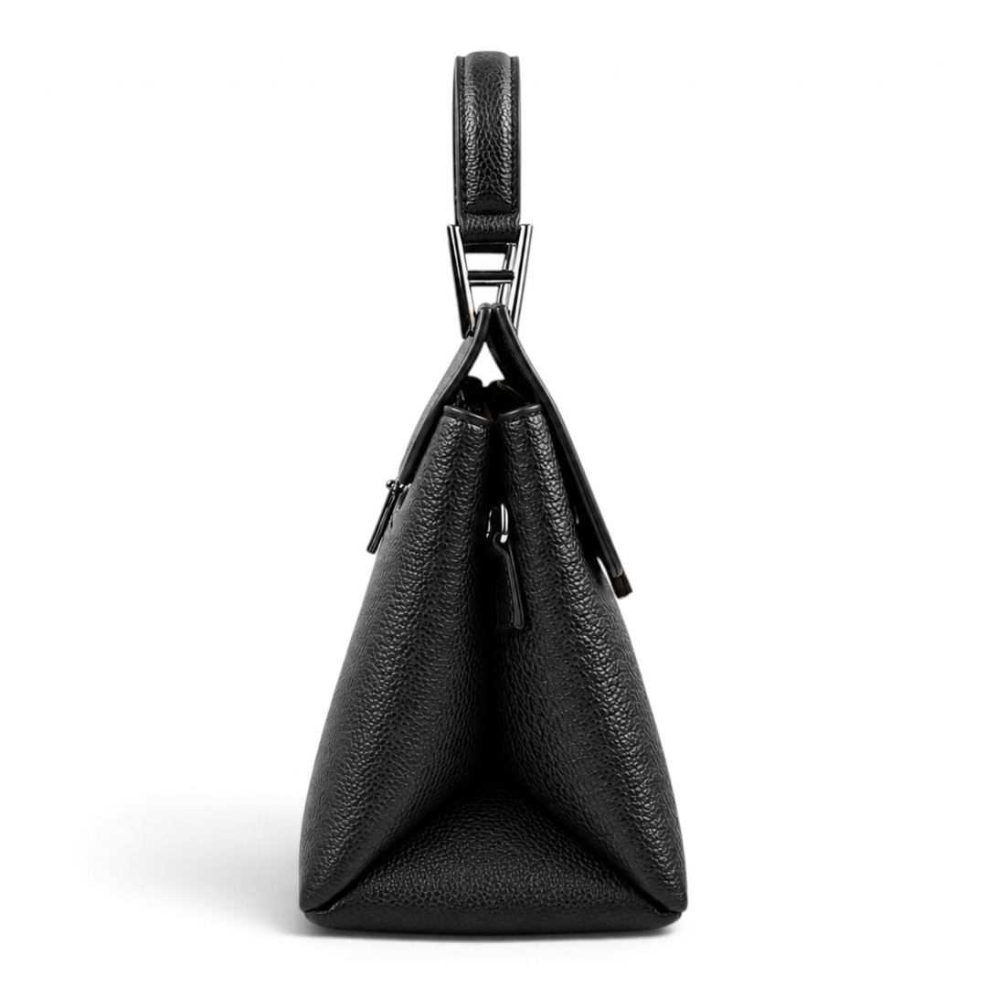 Side view of a black grained leather Epica handbag with a structured handle and gunmetal hardware from ada-shoes.ro