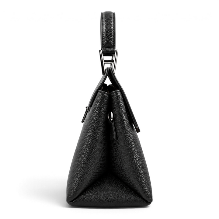 Side view of a black grained leather Epica handbag with a structured handle and gunmetal hardware from ada-shoes.ro